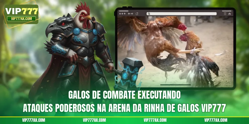 Galos de combate executando ataques poderosos na arena da Rinha de Galos VIP777